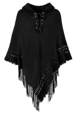 Rayson Poncho Damen Elegant Warm Winter mit Kapuze Solid Color Strick Ponchos Capes für Damen mit Fringes Poncho Schal Damen Gestrickt Verstellbarer Kragen(Schwarz,One Size) von Rayson