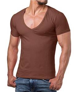 Re Rock Young & Rich Herren T-Shirt mit V Ausschnitt Slim Fit einfarbig - Man deep V-Neck Shirt – t -Shirt mit tiefem V Herren - Braun L von Re Rock