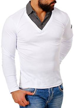 ReRock Herren 2in1 Longsleeve Hemd Kragen Shirt Pullover Langarm mit tiefem V-Ausschnitt einfarbig Slimfit Stretch, Grösse:M, Farbe:Weiß von ReRock