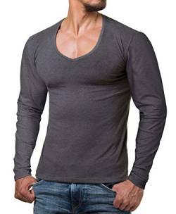 ReRock by Young & Rich Herren Longsleeve mit tiefem V Ausschnitt - Langarm Shirt V einfarbig Slim fit - Uni Basic Langarmshirt V Neck Shirt Stretch - Anthrazit Größe M von ReRock