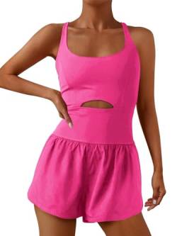 ReachMe Damen-Einteiler, Laufeinteiler, Workout-Strampler, athletischer Strampler, einteiliges Outfit, Übungs-Jumpsuits, Fitnessstudio, Yoga-Kleidung, neon pink, X-Small von ReachMe