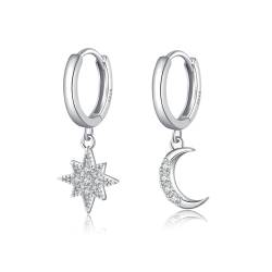 Reffeer 925 Sterling Silber Mond Stern baumeln Ohrringe Creolen für Frauen Ohrringe Mädchen Ohrringe CZ Mond Stern Creolen Huggie baumeln Ohrringe asymmetrisch (A-Silber) von Reffeer