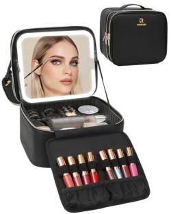 Relavel Make-up-Tasche mit LED-Spiegel, Reise-Make-up-Tasche mit wiederaufladbarem beleuchtetem Spiegel, 3 Farblichter, zweilagiger Kosmetikkasten, Make-up-Pinsel, Lippenstift-Halter für Damen, Leder, von Relavel