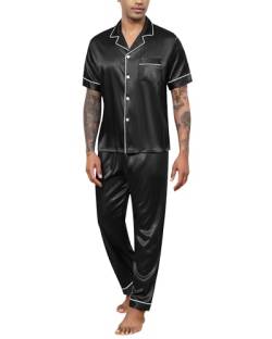 Reliwel Herren Schlafanzug Satin Pyjama Herren Kurz Oberteil mit Knopfleiste und Lang Hose Zweiteiliger Nachtwäsche Männer Hausanzug Sleepwear Loungewear von Reliwel