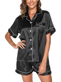 Reliwel Satin Schlafanzug Damen Kurz mit Knopfleiste V-Ausschnitt Pyjama Damen Zweiteiliger Pjs Sets Seide Nachtwäsche Kurzarm Sommer Hemdpyjama Hausanzug S-XXL von Reliwel