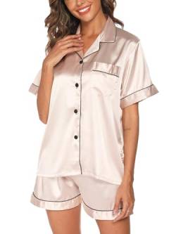 Reliwel Schlafanzug Damen Satin Pyjama Damen Kurz V-Ausschnitt Zweiteiliger Pjs Sets Seide Nachtwäsche Zweiteiliger Sommer Hemdpyjama Kurzarm mit Knöpfe S-XXL von Reliwel