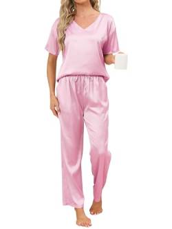 Reliwel Satin Pyjama Damen Zweiteiler Satin Schlafanzug Damen Elegant Seide Pyjama Set Nachtwäsche Hausanzug Kurzarmshirt & Pyjamahose Weich Pj Sets für alle Jahreszeiten von Reliwel