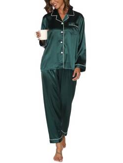 Reliwel Satin Pyjama Damen mit Knopfleiste Zweiteiliger Schlafanzug Langarm Pyjamas Set V-Ausschnitt Nachtwäsche Cozy Klassische Loungewear Hausanzug für Alle Jahreszeiten von Reliwel