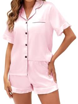 Reliwel Satin Schlafanzug Damen Kurz mit Knopf Womens Pyjamas Kurzarm Sommer Set V-Ausschnitt Zweiteiliger Pjs Sets Sleepwear Lounge Set Damen Schlafanzüge mit Rüsche S-XXL von Reliwel