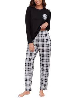 Reliwel Schlafanzug Damen Baumwolle Kariert Pyjama Set Lang Zweiteiliger Larmshirt & Karierte Pyjamahose mit Taschen, Herbst Winter Hausanzug Freizeitanzug von Reliwel