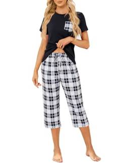 Reliwel Schlafanzug Damen Kariert Kurzarm Pyjama Set Zweiteiliger Top und 3/4 Lang Hose Pyjama Damen Kurz Hausanzug Sleepwear Nachtwäsche für Frühling Sommer von Reliwel