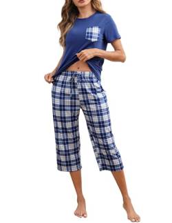 Reliwel Schlafanzug Damen Kurz Pyjama Set Kurzarm Top und 3/4 Lange Hose mit Taschen Hausanzug Damen Pyjama Sommer Zweiteiliger Nachtwäsche für Frühling Sommer Herbst von Reliwel