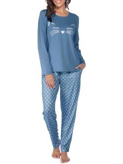 Reliwel Schlafanzug Damen Baumwolle Zweiteiliger Pyjama Set Lang Rundhals Oberteil und Schlafanzughose Süßer Katzendruck Sleepewear Loungewear Hausanzug Freizeitanzug von Reliwel