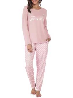 Reliwel Schlafanzug Damen Baumwolle Zweiteiliger Pyjama Set Lang Rundhals Oberteil und Schlafanzughose Süßer Katzendruck Sleepewear Loungewear Hausanzug Freizeitanzug von Reliwel