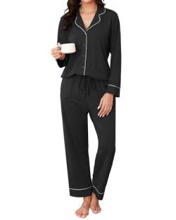 Reliwel Schlafanzug Damen Baumwolle mit Knopfleiste Pyjama Set Lang V-Ausschnitt Pyjamas Zweiteiliger Lang Loungewear Hausanzug PJs Bequemer Oberteil und Pyjamahose von Reliwel