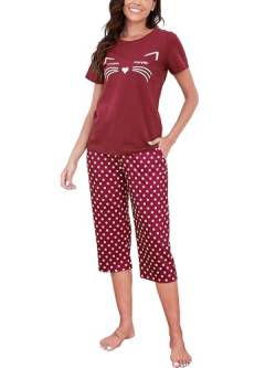 Reliwel Schlafanzug Damen Kurz Pyjama Set Baumwolle Zweiteiliger Womens Pyjamas Kurzarm T Shirt und 3/4 Lang Pyjamahose Hausanzug Sommer Sleepwear von Reliwel