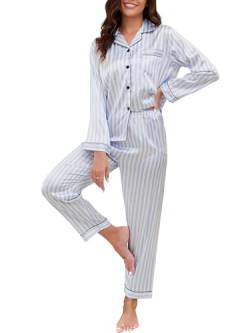 Reliwel Schlafanzug Damen Satin Schlafanzug Langarm Pyjama Set mit Knopfleiste V-Ausschnitt Zweiteiliger Nachtwäsche Weiche Pyjamas Klassische Loungewear Hausanzug Pjs von Reliwel