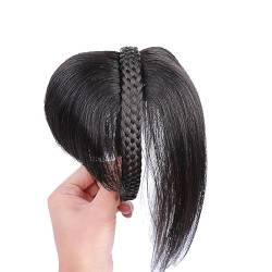 25 cm langes weißes Haar mit glattem Haar für Damen, Echthaar, mit geflochtenem Stirnband und Pony (Natürliches Schwarz) von Remanbo