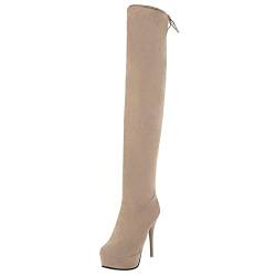 Renessmi Damen Elegant Abend Overknees Stilettos Stretch Stiefel Runde Zehen Abend Ohne Verschluss Wildleder Thigh Booty Footwear Beige Gr 42 EU-44 Cn von Renessmi