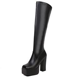 Renessmi Damen Square Toe Plateau Elegant Stretch Stiefel Herbst Winter Party Block Stiefel Lack Wildleder Booty Footwear Schwarz/37Cm Gr 42 EU-44 Cn von Renessmi