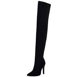 Renessmi Damen Stilettos Overknees Wildleder Lack Stiefel Pointed Toe Party Dancing Elegant Thigh High Stretch Long Booty Footwear Schwarz Gr 34 EU von Renessmi