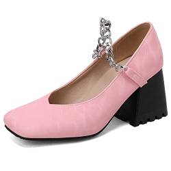 Renessmi Mary Jane Pump Damen Knöchelriemchen Block Schuhe Square Toe Retro T Bar Weit Fit Buro Arbeit Party Pumps Footwear Pink Gr 36 EU von Renessmi