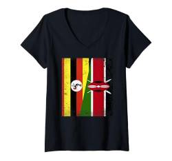 Damen Ugandische Kenianische Halbflagge Uganda Kenia Wurzeln T-Shirt mit V-Ausschnitt von Republic Of Kenya Flag Design Kenyan Roots