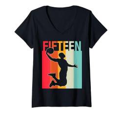 Damen Kinder 15. Geburtstag Junge Basketball Kinder Zwei Jahre alt Geburtstag T-Shirt mit V-Ausschnitt von Retro Birthday Boy Gifts Sports Birthday Shirts