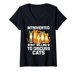 Damen Introvertiert, aber bereit, Katzen zu diskutieren T-Shirt mit V-Ausschnitt von Retro Cat Lovers, Vintage Style Kitten Cat