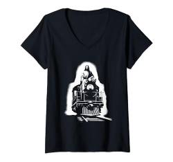 Damen Jesus auf Lokomotive – lustiger christlicher religiöser Zugliebhaber T-Shirt mit V-Ausschnitt von Retro Christian Apparel Jesus Merch Gifts