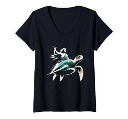 Damen Jesus reitende Meeresschildkröte – lustiger christlicher Schildkrötenliebhaber T-Shirt mit V-Ausschnitt von Retro Christian Apparel Jesus Merch Gifts