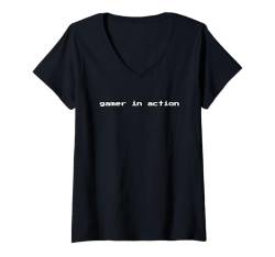 Damen Gamer In Action – Lustiger minimalistischer Pixel-Videospiel-Liebhaber T-Shirt mit V-Ausschnitt von Retro Gaming Apparel Gifts