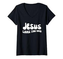 Damen Jesus liebt dich Bruder - Groovy Christian Faith Religious T-Shirt mit V-Ausschnitt von Retro Groovy Jesus Apparel Gifts