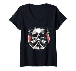 Damen Rauchende Totenkopf-Gasmaske – gruseliges Monster, Halloween-Liebhaber T-Shirt mit V-Ausschnitt von Retro Halloween Apparel Gifts