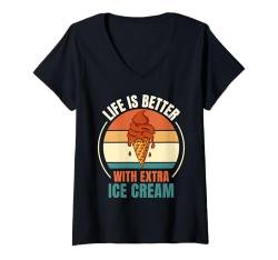 Damen Das Vintage-Leben ist besser mit Extra Ice Cream Food Lover T-Shirt mit V-Ausschnitt von Retro Life Is Better With Extra Ice Cream Lover