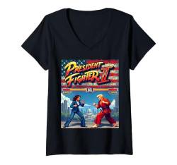 Damen Retro Politik Duell Kamala gegen Donald, 90er Arcade Stil T-Shirt mit V-Ausschnitt von Retro Politik Duell Kamala gegen Donald