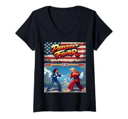 Damen Retro Politik Duell Kamala gegen Donald, 90er Arcade Stil T-Shirt mit V-Ausschnitt von Retro Politik Duell Kamala gegen Donald