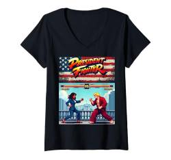 Damen Retro Politik Duell Kamala gegen Donald, 90er Arcade Stil T-Shirt mit V-Ausschnitt von Retro Politik Duell Kamala gegen Donald