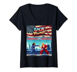 Damen Retro Politik Duell Kamala gegen Donald, 90er Arcade Stil T-Shirt mit V-Ausschnitt von Retro Politik Duell Kamala gegen Donald