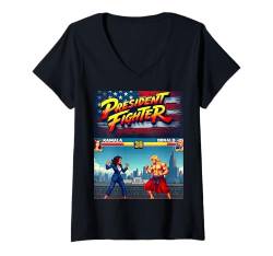 Damen Retro Politik Duell Kamala gegen Donald, 90er Arcade Stil T-Shirt mit V-Ausschnitt von Retro Politik Duell Kamala gegen Donald