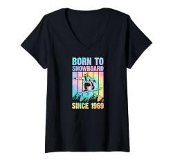 Damen 70er Jahre Stil Mountain Trip Born To Snowboard Since 1969 Year T-Shirt mit V-Ausschnitt von Retro Snowboarding Themed Birthday Party Supplies