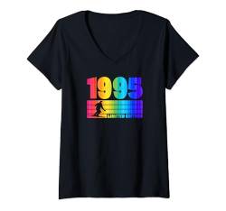 Damen 1995 Geburtsjahr Limited Edition 80er Jahre Stil Skifahren Geburtstag T-Shirt mit V-Ausschnitt von Retro Style Ski Themed Birthday Party Supplies