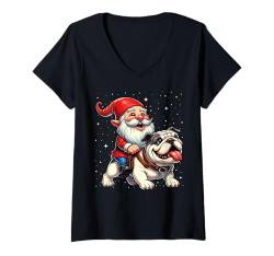 Damen Zwerg reitet Englische Bulldogge Weihnachten Xmas Jungen Mädchen Kinder T-Shirt mit V-Ausschnitt von Riding with Gnome