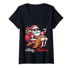 Damen Frohe Weihnachten Weihnachtsmann Reiten Walross Jungen Mädchen T-Shirt mit V-Ausschnitt von Riding with Santa Merry Christmas