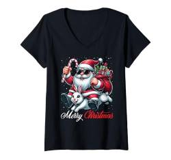 Damen Frohe Weihnachten Weihnachtsmann reitet ein Kaninchen Jungen Mädchen T-Shirt mit V-Ausschnitt von Riding with Santa Merry Christmas