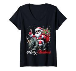 Damen Frohe Weihnachten Weihnachtsmann reitet ein Nashorn Jungen Mädchen T-Shirt mit V-Ausschnitt von Riding with Santa Merry Christmas