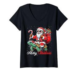 Damen Frohe Weihnachten Weihnachtsmann reitet eine Schildkröte Jungen Mädchen T-Shirt mit V-Ausschnitt von Riding with Santa Merry Christmas