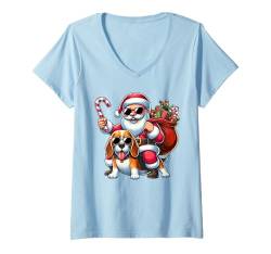 Damen Weihnachtsmann reitet einen Beagle Hund Weihnachten Jungen Mädchen Kinder T-Shirt mit V-Ausschnitt von Riding with Santa