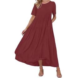 Rifuli 2024 Frühlings- und Sommerkleider für Damen, lässig, locker, Rundhalsausschnitt, kurzärmelig, einfarbig, gestuftes T-Shirt-Kleid, rot, 46 von Rifuli