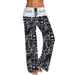 Riou Weite Hose Damen Sommer Lang Yogahosen Straight mit Tunnelzug Katze Drucken Schlabberhose Freizeithose Jogginghose Sporthose von Riou-Hosen